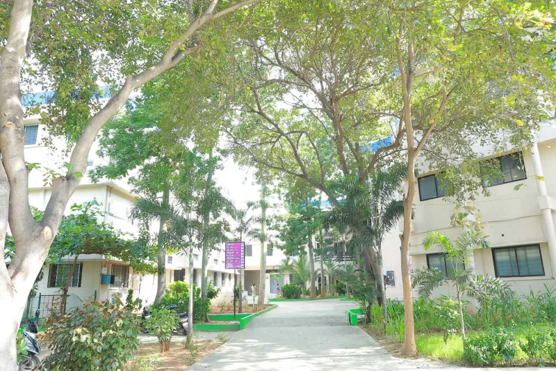 A tree-lined path through the campus between the college blocks, with a signboard listing the library, the computer and zoology labs and the prayer hall.